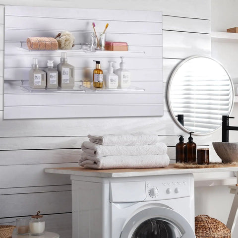 Four Pack Slatwall Shelves 14.5 By 5.9 Inches Dope Durable Plastic Floating Wall Mount Shelves For Retail Displays Garage Organization Home Storage Shoes And Boutique Showcases installed in laundry room with toiletries.