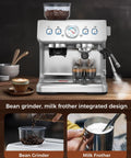Freshly Ground Coffee Built-In Grinder with adjustable settings, integrated milk frother, and sleek design for home espresso.