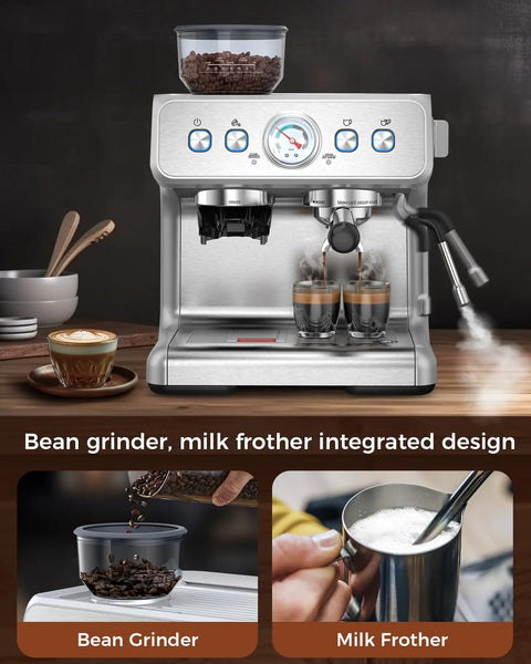 Freshly Ground Coffee Built-In Grinder with adjustable settings, integrated milk frother, and sleek design for home espresso.