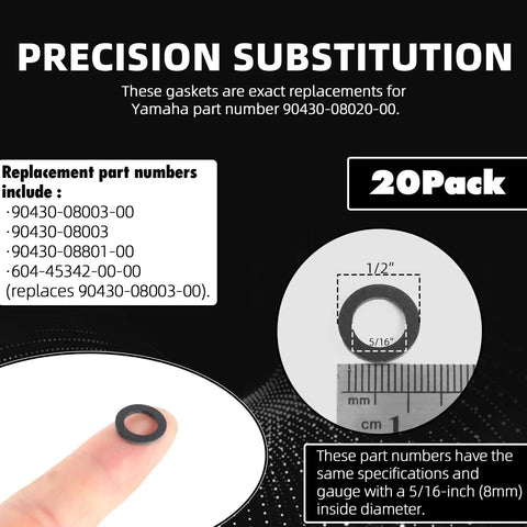 20 Pack Black Lower Gear Case Oil Drain Gaskets For Yamaha 90430-08020-00 And 90430-08003-00 displayed with measurement.