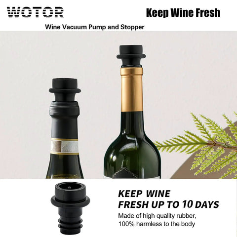 Wine Saver Vacuum Pump With Four Stoppers And Reusable Bottle Sealer Keeps Red And White Wine Fresh For Up To Ten Days on bottles.