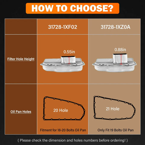 Comparison chart for CVT Transmission Filter Kit With Oil Cooler Filter And Pan Gasket, detailing sizes and fitment options, part 31728-1XF03.