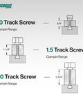 Diagram showing clamping range for 1.0, 1.5, and 2.0 track screws in Dovetail Hardware Variety Pack 2.0 For Woodworking Track System And Routing Tools.