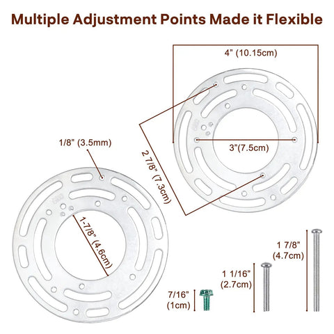 Two Pack Universal Light Fixture Mount Brackets With Four Inch Round Junction Box Adapter dimensions and adjustment points.
