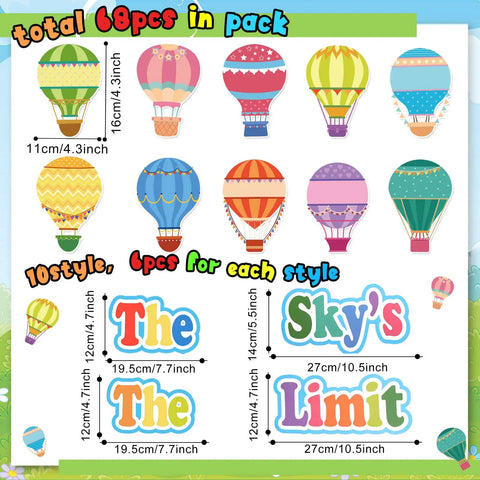68 Pcs Hot Air Balloon Classroom Bulletin Board Decorations Kit For Back To School, Inspirational Quote Cutouts shown in various sizes
