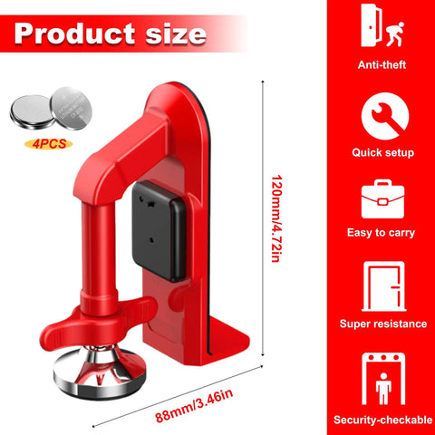 Ultra Portable 80dB Alarm Door Stopper For Home Office And Travel, No Hassle Anti Theft Security Alarm At The Bottom Of Doors, Adjustable Easy To Install Red Door Security Device That Deters Intruders And Keeps You Safe. Red 120mm x 88mm door alarm stopper with batteries