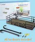 Wall Mount Ironing Board Hanger And Laundry Room Organizer with dark gray wooden base basket and removable hooks, hardware included.