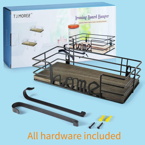 Wall Mount Ironing Board Hanger And Laundry Room Organizer with dark gray wooden base basket and removable hooks, hardware included.