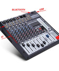 8 Channel Bluetooth DJ Mixer With USB MP3 Port 48V Phantom Power 16 Bit FX Sound Board for home studio angled top view