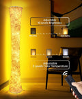 Pair Of Super Cool Sixty One Inch Smart Rgb Led Corner Floor Lamps That Sync With Music And Offer Sixteen Million Diy Colors Plus Three Color Temps Controlled By App Or Remote For Your Bedroom Or Living Room Setup showing color temperature settings on remote in a room corner.