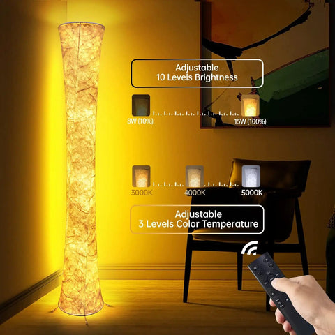 Pair Of Super Cool Sixty One Inch Smart Rgb Led Corner Floor Lamps That Sync With Music And Offer Sixteen Million Diy Colors Plus Three Color Temps Controlled By App Or Remote For Your Bedroom Or Living Room Setup showing color temperature settings on remote in a room corner.