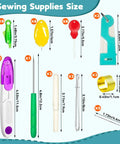 All In One Sewing Tool Kit With Automatic Needle Threaders And No Fuss Threaders For Quick Repairs Includes 33 Pcs Of Thread Snips Seam Rippers Drawstring Threaders Thimbles Needles And More From Lechchy showing various sewing tools and their sizes.