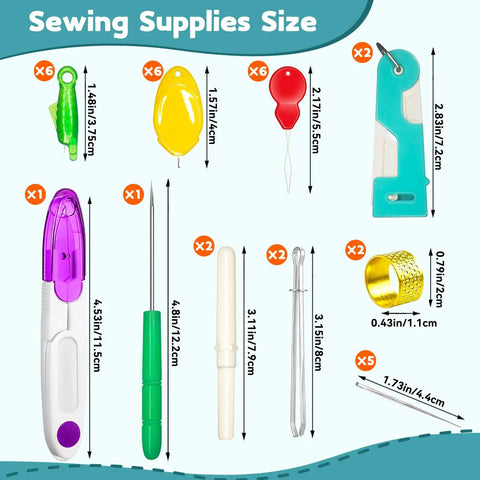 All In One Sewing Tool Kit With Automatic Needle Threaders And No Fuss Threaders For Quick Repairs Includes 33 Pcs Of Thread Snips Seam Rippers Drawstring Threaders Thimbles Needles And More From Lechchy showing various sewing tools and their sizes.