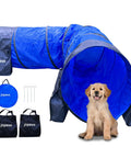 Puppy sitting next to 10 Foot Dog Agility Tunnel Kit With 2 Sandbags Carry Bag And 4 Ground Spikes for obstacle training.