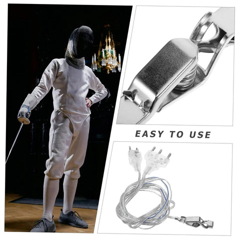 Pro Grade Fencing Mask Connector Cable Clear Cord for foil and sabre training gear shown with fencer and clip detail