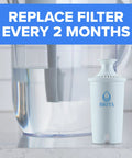 High Density Water Filter For Pitchers And Dispensers Traps 2x Contaminants, BPA Free. Image shows replacement filter and pitcher.
