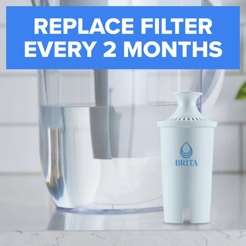 High Density Water Filter For Pitchers And Dispensers Traps 2x Contaminants, BPA Free. Image shows replacement filter and pitcher.