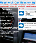 Features of Bluetooth OBDII Scan Tool for iPhone and Android, showing app interface for diagnosing check engine faults.