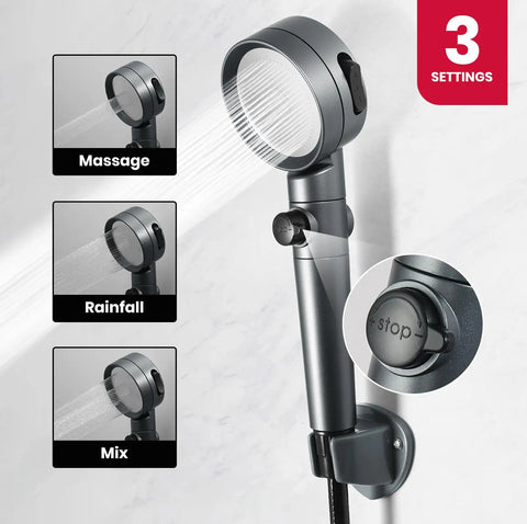 Showerhead with three water settings: massage, rainfall, and mix, mounted on a wall, On Demand Propane Tankless Water Heater 6L Portable.