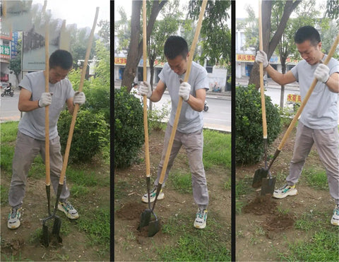 Heavy Duty Manual Post Hole Digger Featuring Sturdy Wood Handle And Razor Sharp Blades in use breaking tough clay soil.