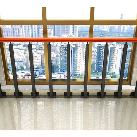 Heavy Duty Black Wrought Iron Railing Columns Featuring Adjustable 270 Degree Swivel Mounting For Outdoor Deck Stairs And Patio Walkway Projects, side view with city skyline.