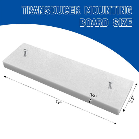Universal Transducer Mounting Plate For Boats And Kayaks, 12 By 3.5 By 0.75 Inch transom board with measurement and screws.