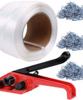 Heavy Duty Pallet Strapping Kit With 3/4 Inch X 1640 Ft Polypropylene Woven Cord Coils And 300 Metal Buckles Plus Rock Solid Tensioner Tool components including tensioner, polypropylene coil, and metal buckles.