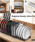 Expandable Cutting Board And Bakeware Organizer Rack With 14 Adjustable Dividers holding bakeware in cabinet, cupboard, and drawer.