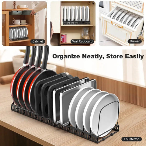 Expandable Cutting Board And Bakeware Organizer Rack With 14 Adjustable Dividers holding bakeware in cabinet, cupboard, and drawer.
