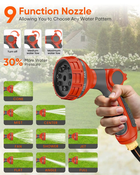Nine function nozzle sprayer detail of 90 Foot Retractable Garden Hose Reel With Automatic Rewind, showing water patterns.