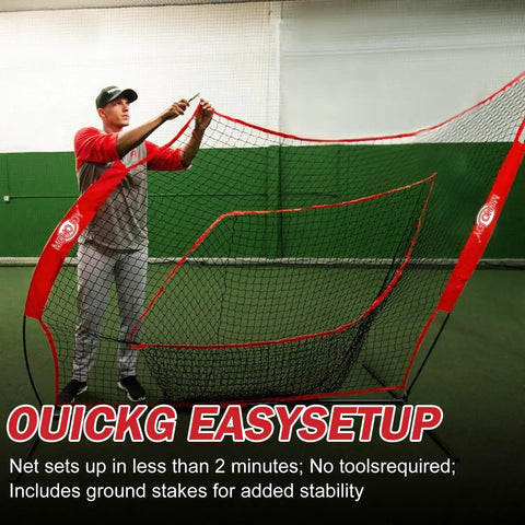 Man setting up Portable 7x7 Baseball Net For Batting And Pitching, Oversized Hitting Net With Carry Bag in an indoor space.