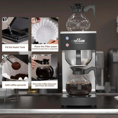 12 Cup Commercial Drip Coffee Brewer With Dual Warmer And Glass Decanters For Pour Over Convenience No Fuss Fingerprint Free Housing 304 Stainless Steel Funnel Delivers Even Extraction In 7 To 8 Minutes with brewing instructions.