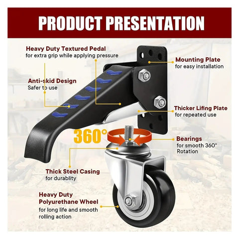 Super Tough Heavy Duty Workbench Caster Wheels Set Of Four With Two Point Five Inch Retractable Side Mount showing textured pedal and 360° bearings.