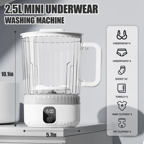 Straight Fire Cordless Mini Washing Machine Portable Underwear Cleaner No Sweat Travel Laundry Solution Splashproof Dorm And RV Lowkey Essential With Rechargeable Battery For Delicates White, showing 2.5L capacity with dimensions 10.1in and 5.7in.