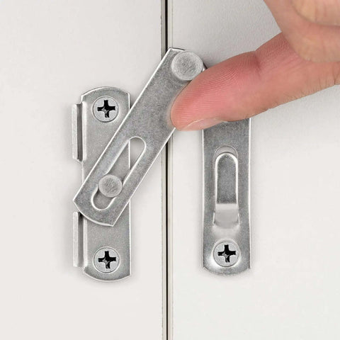 Four Pack Barn Door Latches Stainless Steel Brushed Nickel 1.89 Inch Square Flip Latches being installed on a cabinet door