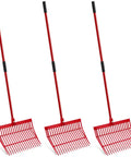 3 Pack Manure Forks with Long Handles Heavy Duty Muck Rake for Gardening and Farm Clean Up, red metal design.