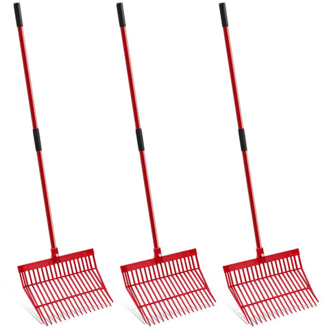3 Pack Manure Forks with Long Handles Heavy Duty Muck Rake for Gardening and Farm Clean Up, red metal design.