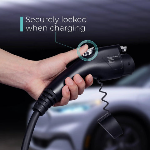 Hand holding Level 1 J1772 EV Charger With WiFi Control 120V 15 Amp NEMA 5 15 Plug 16 Foot Extension Cord Portable Electric Car Charger