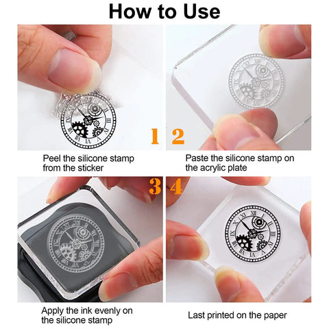 Total Standout Vintage Clock Silicone Clear Stamps With Gear Shapes Retro Transparent Rubber Blocks For Scrapbooking Journal Cards And Dope Diy Crafts That Stamp Super Smooth Every Damn Time, demonstrating usage steps on acrylic plate.