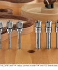 Heavy Duty 3 Piece Bowl And Tray Router Bit Set Featuring Solid Carbide Heads And One Quarter Inch Shafts showcasing varying radius options.