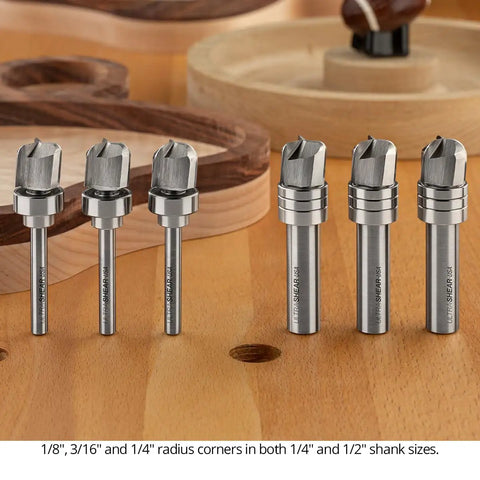 Heavy Duty 3 Piece Bowl And Tray Router Bit Set Featuring Solid Carbide Heads And One Quarter Inch Shafts showcasing varying radius options.
