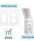 Kid Proof Outlet Safety Box Cover With Switch And Plug Covers Patent Pending Design Includes Outlet Box Outlet Cover Switch Cover And Three Screws For Standard And Decorative Outlets showing contents.