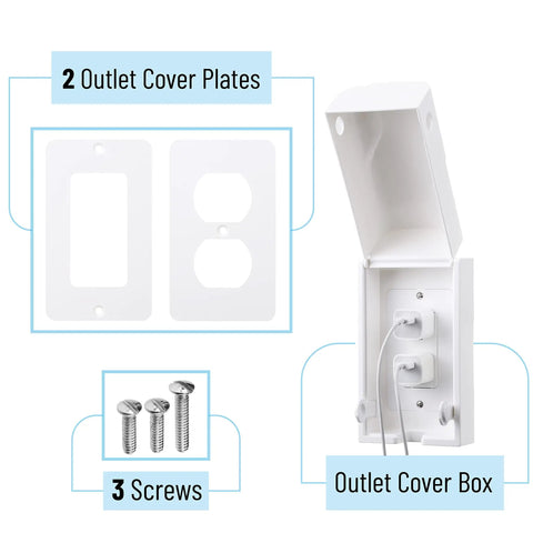 Kid Proof Outlet Safety Box Cover With Switch And Plug Covers Patent Pending Design Includes Outlet Box Outlet Cover Switch Cover And Three Screws For Standard And Decorative Outlets showing contents.