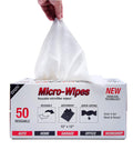 Eurow Microfiber Cleaning Wipes, 12x12in, 50-pack, edgeless and reusable; hand pulling a wipe from dispenser box.