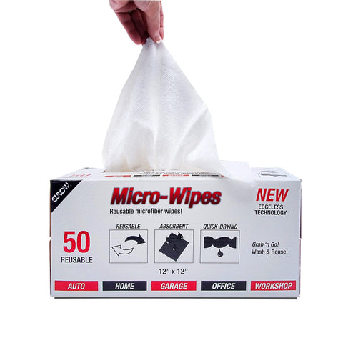 Eurow Microfiber Cleaning Wipes, 12x12in, 50-pack, edgeless and reusable; hand pulling a wipe from dispenser box.
