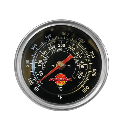 Black Face BBQ Grill Thermometer 50F To 900F High Temp Range with 3 Inch Face, close-up view showing temperature range.