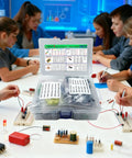 Complete Electronic Component Kit With 1800 Pieces Including LEDs, Resistors, Capacitors used by students in a lab setting.