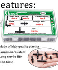 340 Piece One Quarter Inch Drip Irrigation Fittings Kit with labeled box showing barbed connectors, elbows, and plugs.