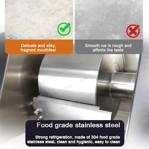 Heavy Duty Commercial Snowflake Ice Shaver Automatic Electric Flake Maker showing stainless steel roller and ice texture samples.