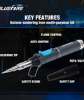 Cordless Butane Soldering Iron Kit with labeled features flame control, auto ignition, and safety cap